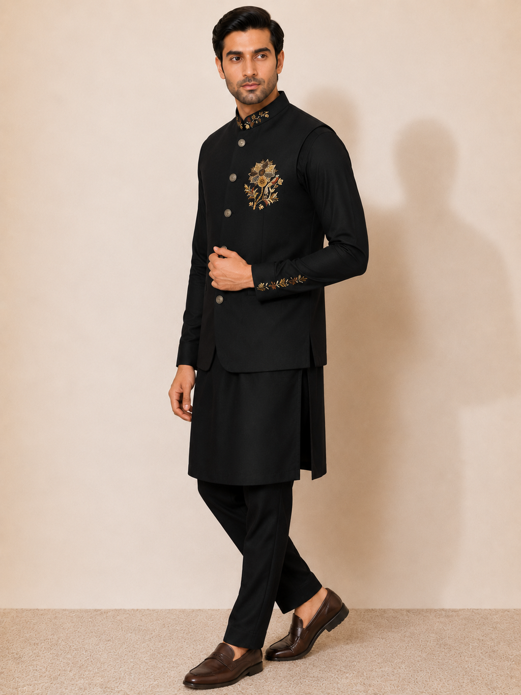 RAYSBOND Men's Ethnic Nehru Jacket Kurta Set BLACK